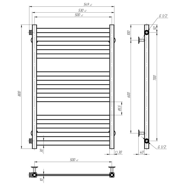 Buy water heated towel rail Magnus P12 500х800 Deffi stainless steel (Chrome, Side left connection)