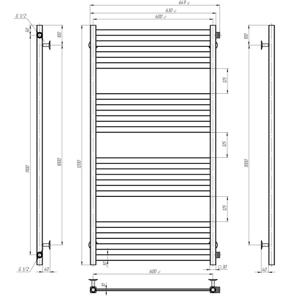 Buy water heated towel rail Magnus P16 600х1200 Deffi stainless steel (Black, Side right connection)