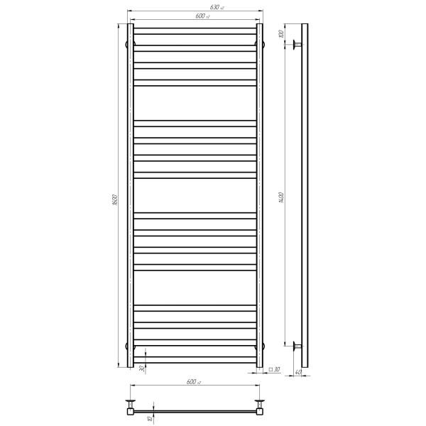 Buy electric heated towel rail Avast P16 600х1600 Deffi colored steel (White, WD04, Right connection)