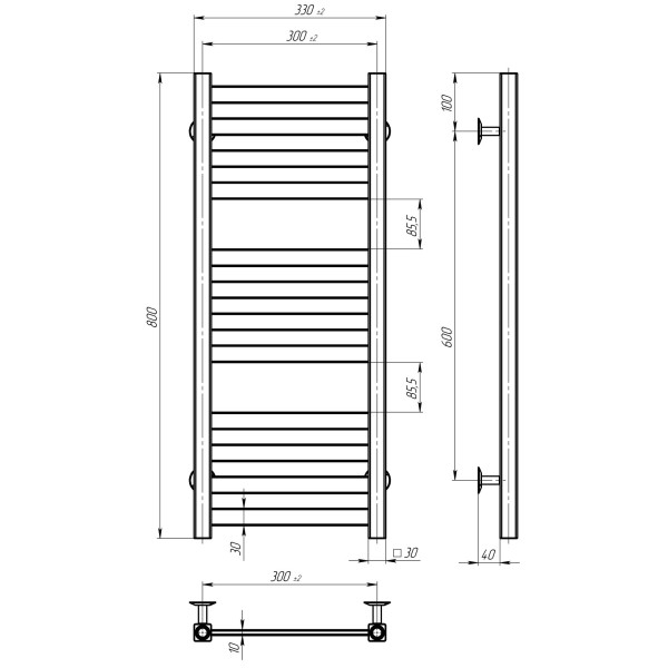 Buy water heated towel rail Magnus P12 300х800 Deffi stainless steel (White, Bottom connection)