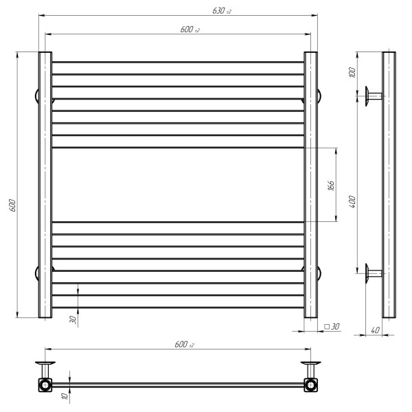 Buy water heated towel rail Magnus P8 600х600 Deffi stainless steel (White, Bottom connection)
