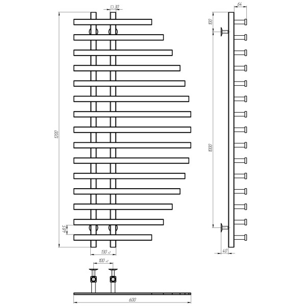 Buy water heated towel rail Parys P15 600х1200 Deffi stainless steel (Chrome, Bottom connection)