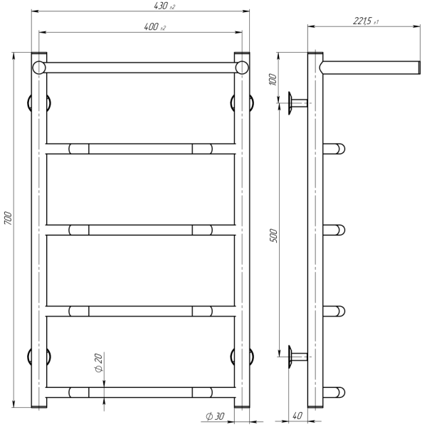 Buy Water heated towel rail Trapezoid with shelf P5 400х700 Deffi stainless steel (Black, Side right connection)