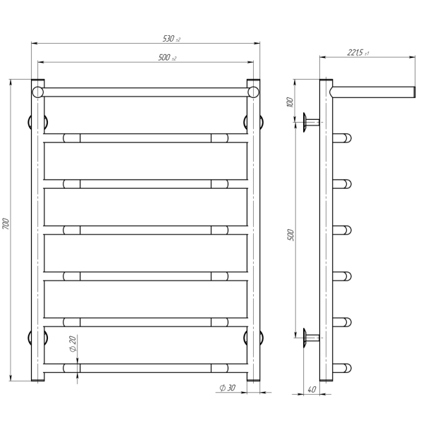 Wasserbeheizter Handtuchhalter Trapezoid with shelf P7 500х700 Deffi edelstahl (Weiss, Seitlicher rechter Anschluss)