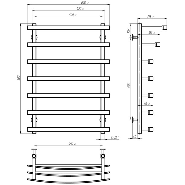 Купить полотенцесушитель водяной Lotos П7 500х800 Deffi нержавеющая сталь (Белый, Боковое левое подключение)