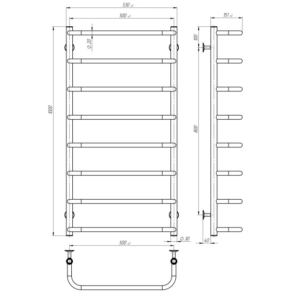 Buy a water heated towel rail Standard P8 500х1000 Deffi stainless steel (Black, Bottom connection)