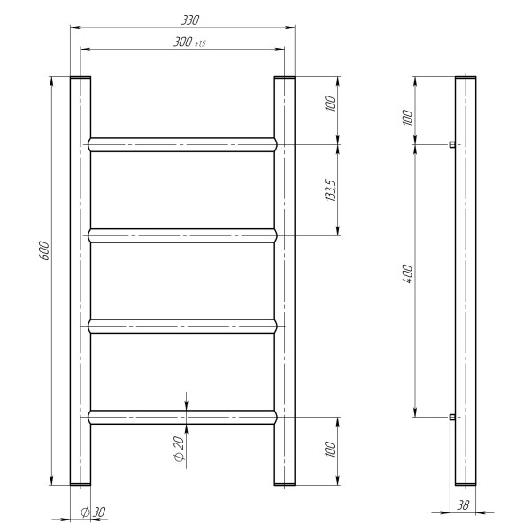 Buy Water heated towel rail Orion P4 300х600 Deffi stainless steel (Black, Side left connection)