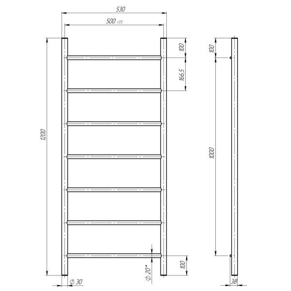 Buy Water heated towel rail Orion P7 500х1200 Deffi stainless steel (Black, Side left connection)