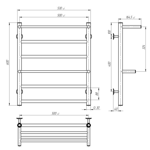 Buy a water heated towel rail Terma Plus P6 500х600 Deffi stainless steel (Black, Bottom connection)
