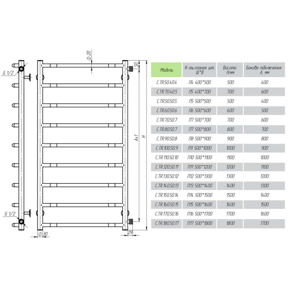 Trapezium P7 500х800 Deffi edelstahl (Chrom, Seitlicher rechter Anschluss)