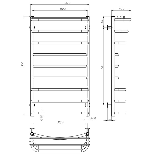 Купити рушникосушарку водяну Юність П9 500х900 Deffi нержавіюча сталь (Чорний, Бокове праве підключення)