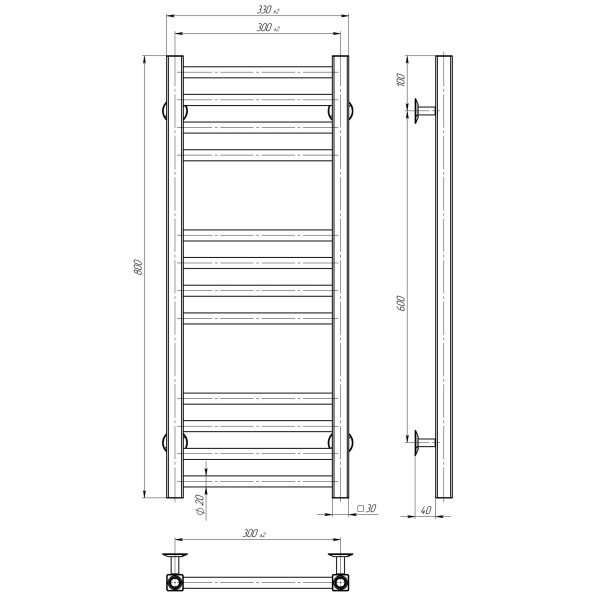 Buy water heated towel rail Lima P12 300х800 Deffi stainless steel (White, Side left connection)