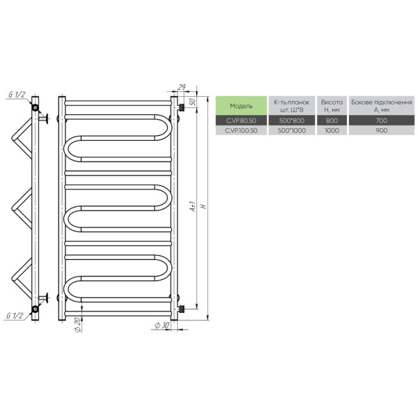 Buy a water heated towel rail Villa 500х800 Deffi stainless steel (Chrome, Side right connection)