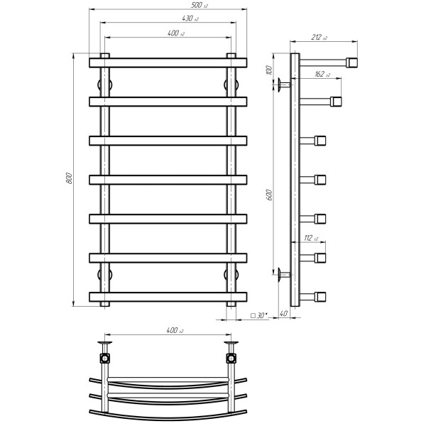 Buy water heated towel rail Lotos P7 400х800 Deffi stainless steel (Chrome, Side left connection)