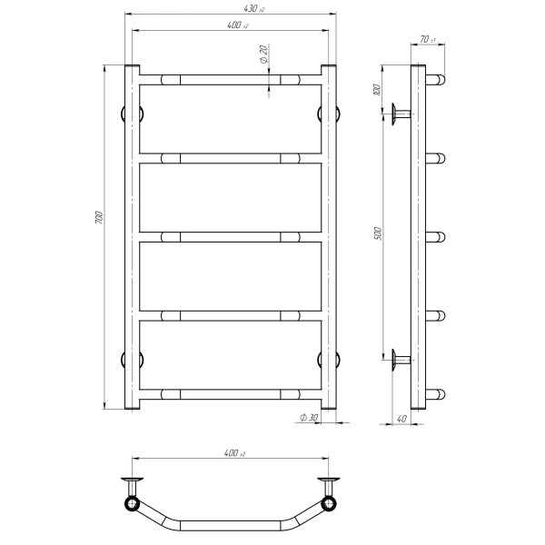 Buy electric heated towel rail Trapezium P5 400х700 Deffi stainless steel (Black, JD03, Right connection)