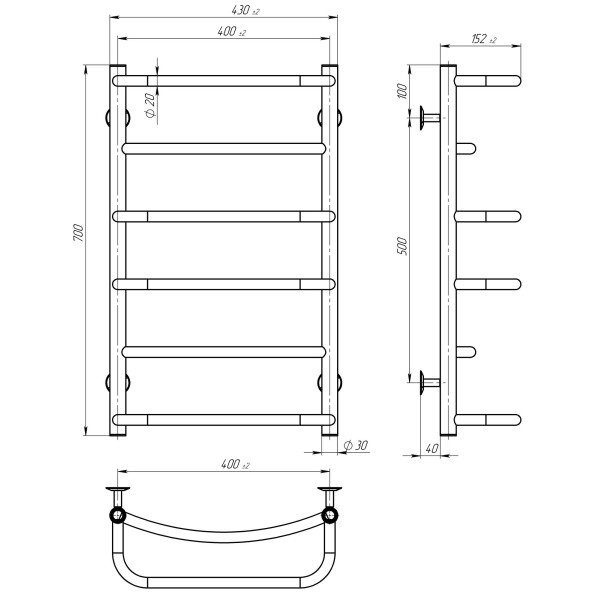 Buy electric heated towel rail Aquamix P6 400х700 Deffi stainless steel (Black, JD03, Left connection)