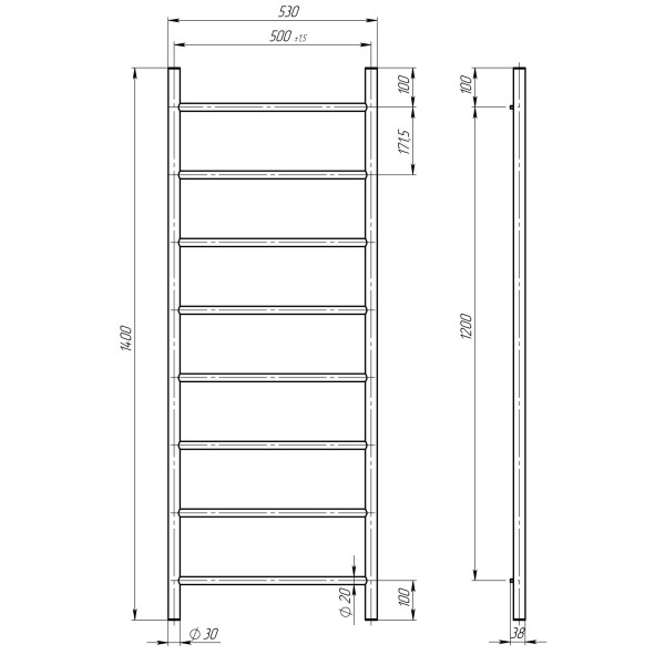 Elektrischen Handtuchwärmer kaufen Orion P8 500х1400 Deffi edelstahl (Chrom, JD03, Linker Anschluss) 