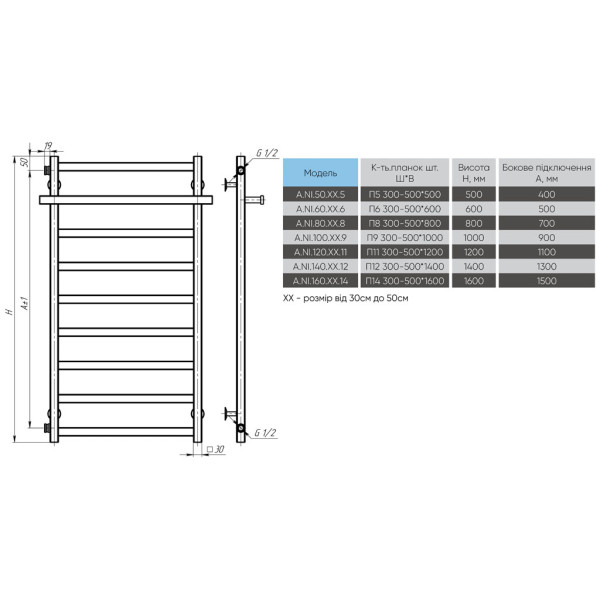 Купити рушникосушарку водяну Nicolе П5 500х500 Deffi нержавіюча сталь (Хром, Бокове ліве підключення)