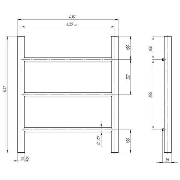 Buy electric heated towel rail Orion P3 400х500 Deffi stainless steel (Black, EF16, Right connection)