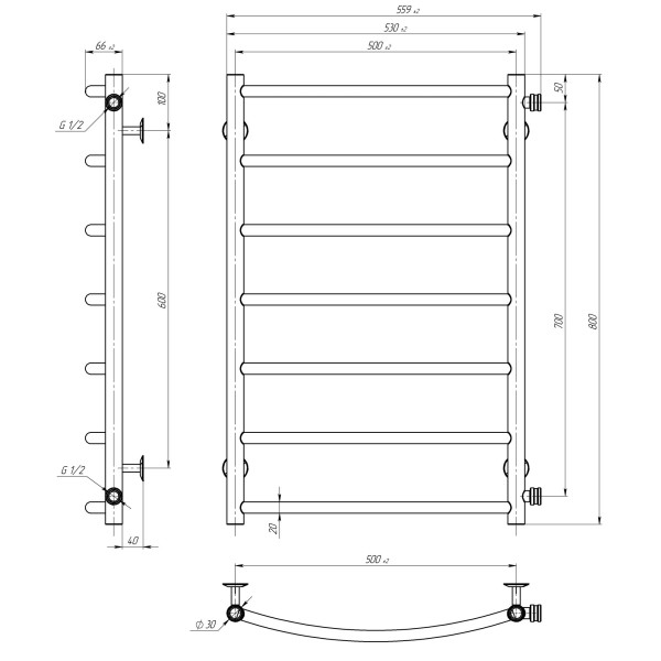 Buy water heated towel rail Classic P7 500х800 Deffi stainless steel (Chrome, Side right connection)