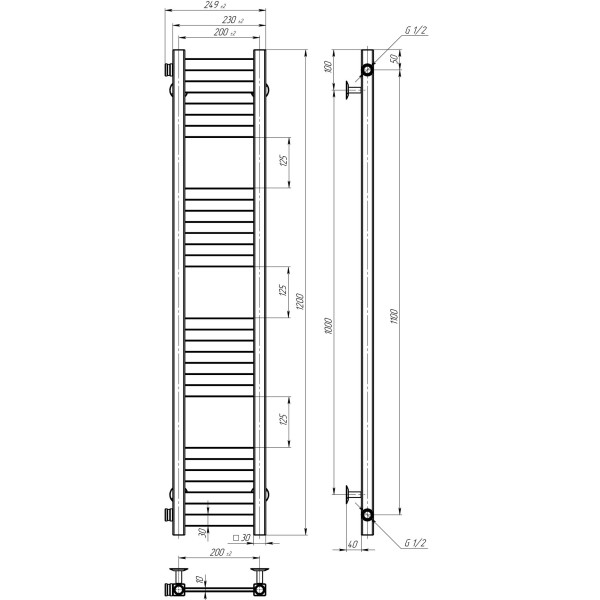 Buy water heated towel rail Magnus P16 200х1200 Deffi stainless steel (Black, Side left connection)