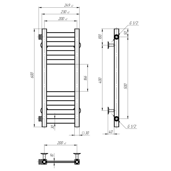 Buy water heated towel rail Magnus P8 200х600 Deffi stainless steel (Chrome, Side left connection)