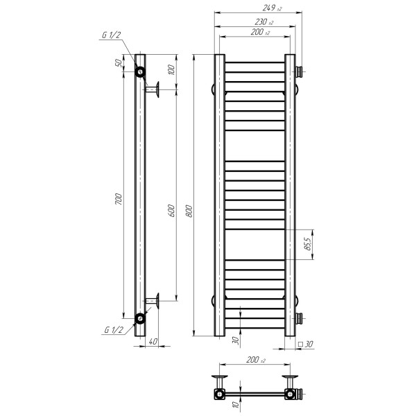 Buy water heated towel rail Magnus P12 200х800 Deffi stainless steel (Black, Side right connection)