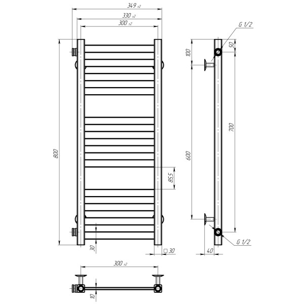 Buy water heated towel rail Magnus P12 300х800 Deffi stainless steel (Black, Side left connection)