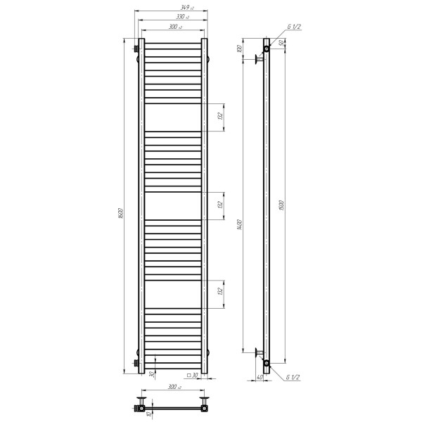 Buy water heated towel rail Magnus P20 300х1600 Deffi stainless steel (White, Side left connection)