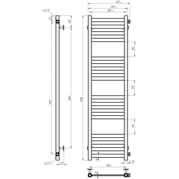 Buy water heated towel rail Magnus P16 300х1200 Deffi stainless steel (Black, Side right connection)