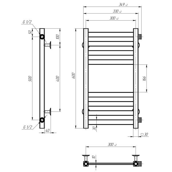 Buy water heated towel rail Magnus P8 300х600 Deffi stainless steel (Black, Side right connection)