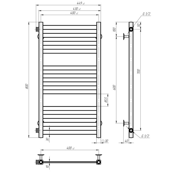 Buy water heated towel rail Magnus P12 400х800 Deffi stainless steel (White, Side left connection)