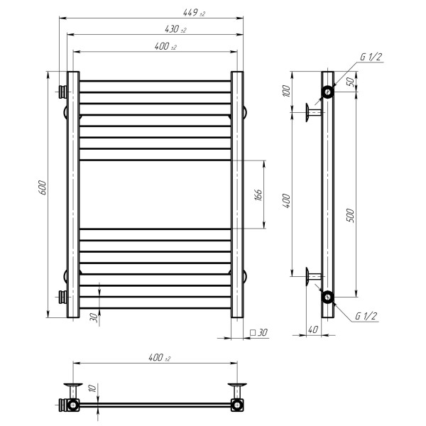 Buy water heated towel rail Magnus P8 400х600 Deffi stainless steel (Black, Side left connection)