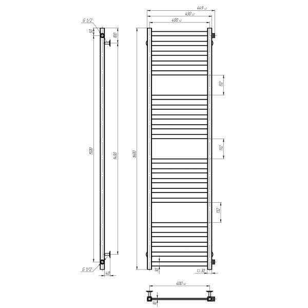 Buy water heated towel rail Magnus P20 400х1600 Deffi stainless steel (Black, Side right connection)