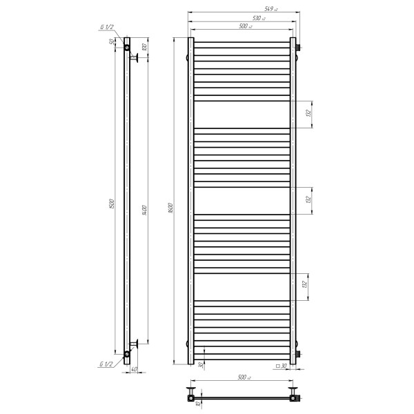 Buy water heated towel rail Magnus P20 500х1600 Deffi stainless steel (Chrome, Side right connection)