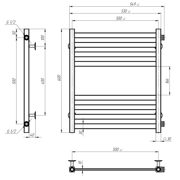 Buy water heated towel rail Magnus P8 500х600 Deffi stainless steel (White, Side right connection)