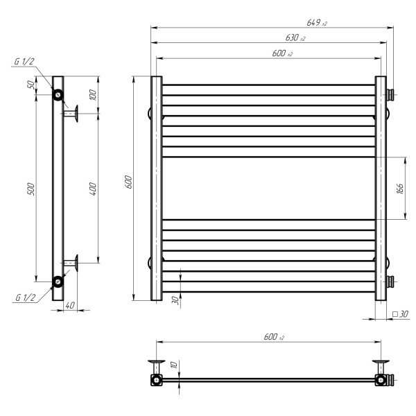 Buy water heated towel rail Magnus P8 600х600 Deffi stainless steel (White, Side right connection)