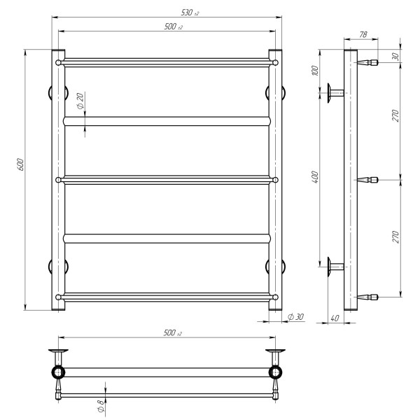 Buy electric heated towel rail Ladder P5 500х600 Deffi stainless steel (Chrome, JD03, Left connection)
