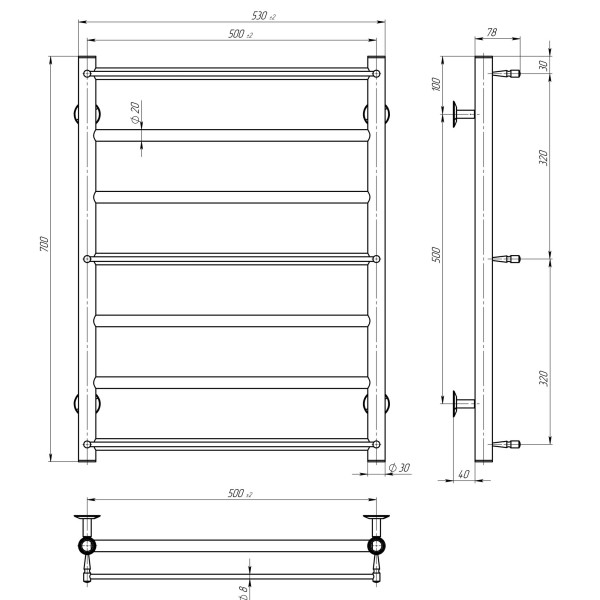 Buy electric heated towel rail Ladder P7 500х700 Deffi stainless steel (White, WD03, Left connection)