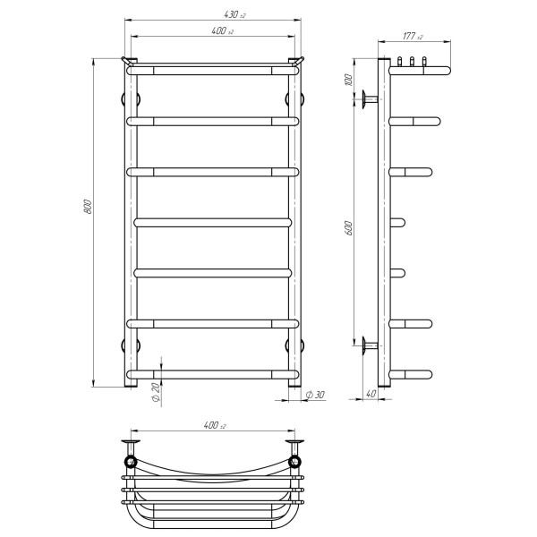 Buy an electric heated towel rail Yunist P7 400х800 Deffi stainless steel (Chrome, EF16, Left connection)