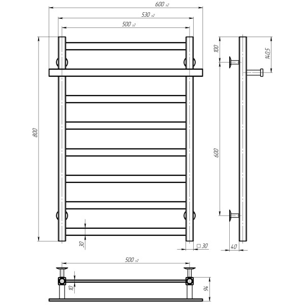 Купити рушникосушарку електричну Nicolе П8 500х800 Deffi нержавіюча сталь (Чорний, JD04, Ліве підключення)
