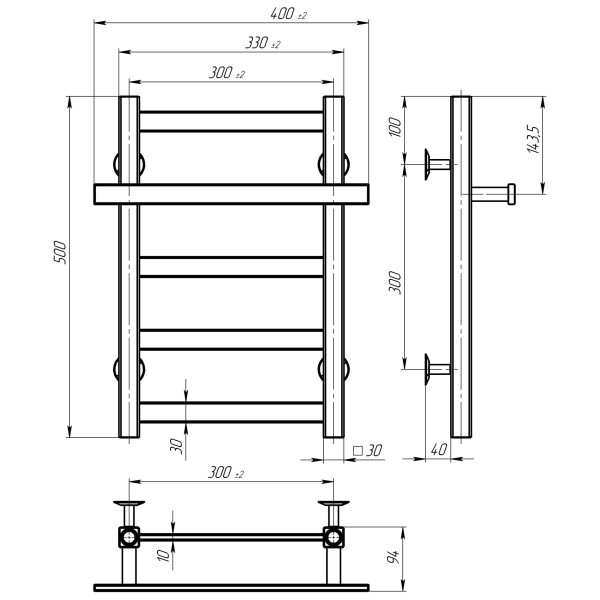 Buy electric heated towel rail Nicolе P5 300х500 Deffi stainless steel (Black, JD04, Left connection)
