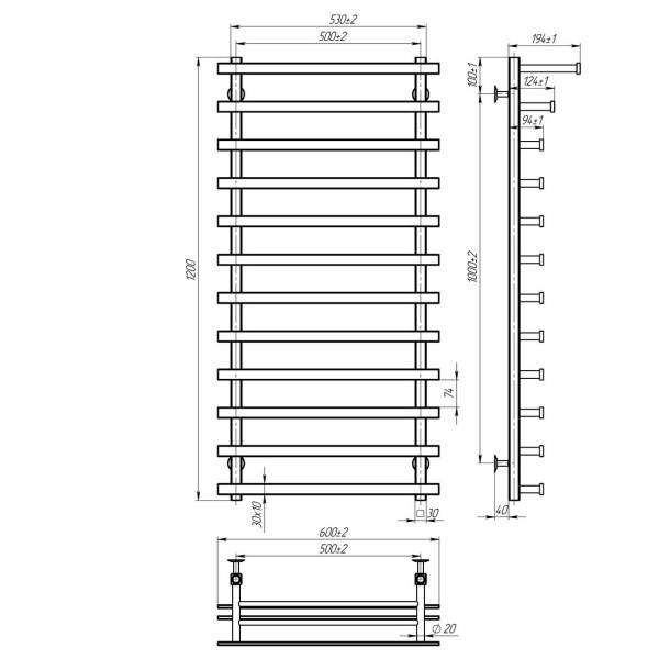 Купити рушникосушарку водяну Agata П12 500x1200 Deffi нержавіюча сталь (Чорний, Бокове ліве підключення)