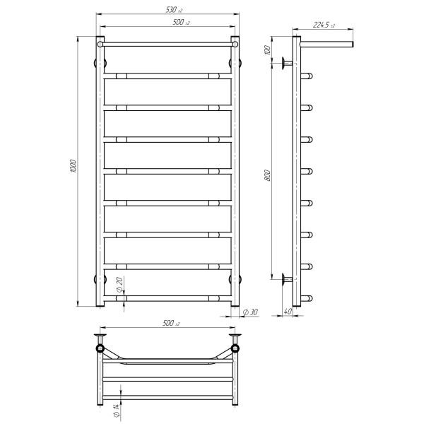 Kup elektryczny podgrzewacz ręczników Trapezium with shelf P9 500х1000 Deffi stal nierdzewna (Chrome, EF16, Prawe połączenie) 