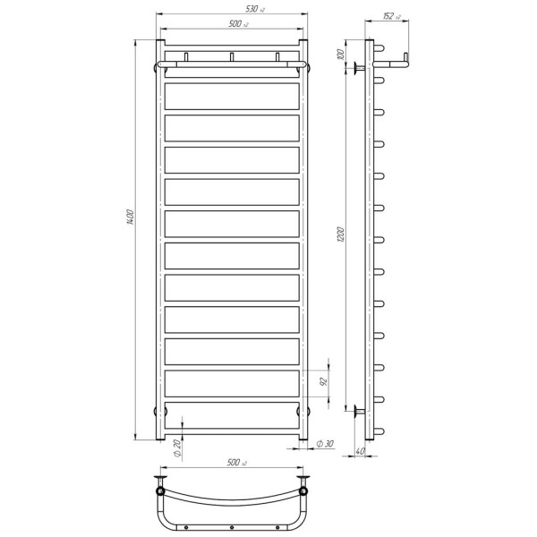 Buy electric heated towel rail Classic N P13 500х1400 Deffi stainless steel (Black, EF16, Right connection)